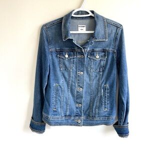 OLD NAVY BLUE JEAN JACKET DISTRESSED POCKETS METAL BUTTONS OPEN FIT
